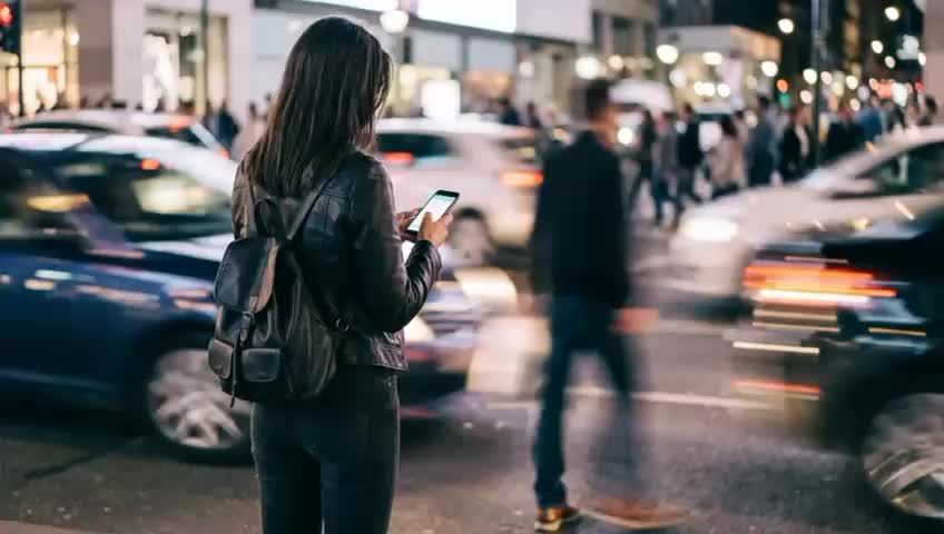 Persona usando un móvil en la ciudad